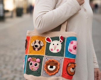 Handmade Crochet Animal Patchwork Tote Bag: Cartoon Shoulder Bag