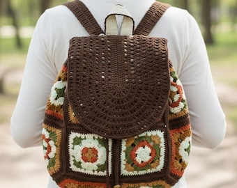 Handmade Crochet Granny Square Backpack – Retro Boho Yarn Bag
