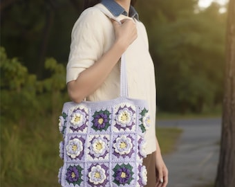 Lavender Crochet Tote Bag Floral Granny Square Handmade Boho Flower Purse – Size S