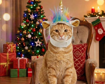 Unicorn Cat Hat, Rainbow Pet Unicorn Costume, Cute Cat Headpiece with Horn and Ears, Fantasy Pet Outfit, Photo Prop