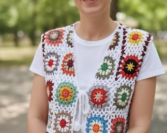 Handmade Crochet Granny Square Vest – Colorful Boho Festival Top