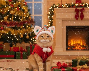 Cute Cat Lion Dance Costume • Funny Lunar New Year Pet Outfit • Chinese Dragon Style Hat for Cats • Adorable Festive Cat Clothes