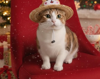 Cute Cat Straw Hat – Adorable Pet Sun Hat with Animal Face – Funny Cat Hat for Photos, Summer & Gifts