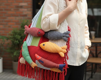 Handmade Knitted Fish Tote Bag – Colorful Boho Fringe Shoulder Bag
