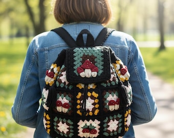 Crochet Mushroom Backpack – Handmade Granny Square Boho Bag