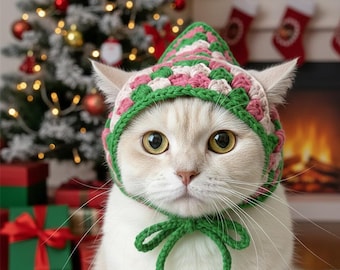 Crochet Cat Bonnet, Handmade Pet Hood, Cute Kitten Hat, Colorful Granny Square Cat Cap, Cozy Pet Costume Gift