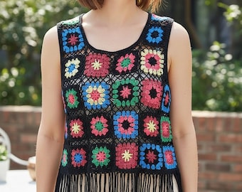Handmade Crochet Granny Square Fringe Top – Boho Festival Tank