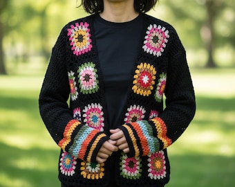 Handmade Black Crochet Granny Square Cardigan – Bohemian Knit Jacket