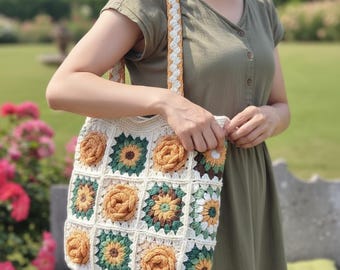 Handmade Crochet Flower Tote Bag – Boho Granny Square Cotton Shoulder Bag - DIY