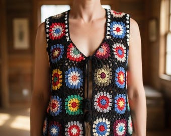 Handmade Black Crochet Granny Square Vest, Retro 70s Boho Style