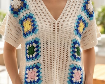 Handmade Crochet Granny Square Top, Boho Patchwork Knit Vest