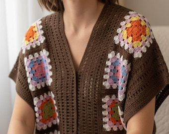 Cardigan Grandma Square marrone all'uncinetto fatto a mano - Giacca Boho anni '70