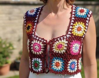 Handmade Crochet Granny Square Vest – 70s Boho Patchwork Top