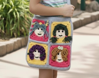 Handmade Crochet Shoulder Bag: Girl Faces Granny Squares, Boho Style
