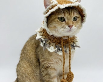 Cute Crochet Cat Hat with Matching Collar – Vintage Style Pet Bonnet – Aesthetic Cat Outfit Photo Prop