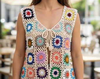 Crochet Granny Square Vest, Boho Patchwork Waistcoat