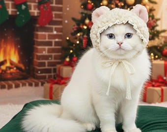 Cute Cat Bonnet Hat – Adorable Pet Headwear with Bow – Soft Cat Costume for Photos, Gifts
