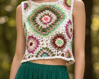 Handmade Crochet Granny Square Crop Top – Boho Festival Knit Tank