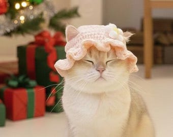 Cute Crochet Cat Hat with Flower, Handmade Pet Sunhat, Kawaii Kitten Accessory, Photo Prop for Cats, Soft Pink Pet Hat