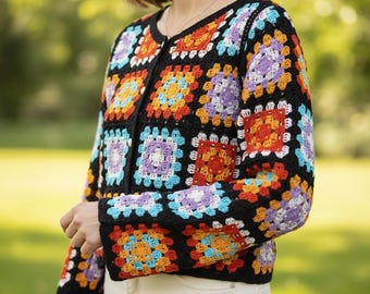 Crochet Granny Square Cardigan, Black Boho Patchwork Sweater