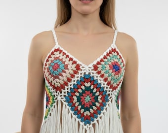 Handmade Boho Crochet Fringe Crop Top – Granny Square Festival Halter