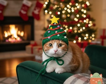 Crochet Christmas Tree Cat Hat, Festive Holiday Pet Costume