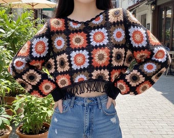 Boho Granny Square Crochet Sweater • 70s Retro Patchwork Knit