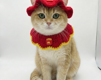 Cute Crochet Cat Hat & Collar Set – Fast Food Style Pet Outfit – Funny Cat Costume Photo Prop