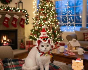 Christmas Cat Costume - Santa Hat & Collar, Holiday Outfit