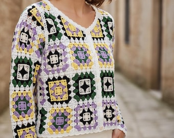 Crochet Granny Square Cardigan, Handmade Boho Patchwork Sweater