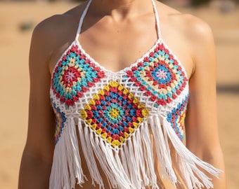 Handmade Crochet Granny Square Crop Top – Boho Fringe Festival Shirt