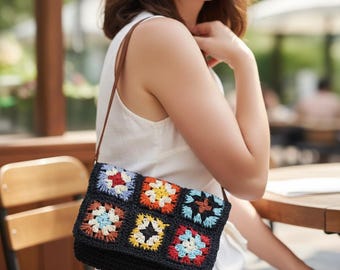 Handmade Crochet Granny Square Crossbody Bag – Colorful Boho Purse