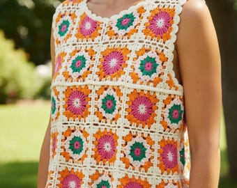 Handmade Crochet Granny Square Tank Top – 70s Boho Sleeveless Vest