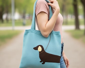 Knitted Tote Bag with Dachshund Design, Cute Dog Shoulder Bag, Soft Knit Handbag, Animal Pattern Tote for Women, Dog Lover Gift
