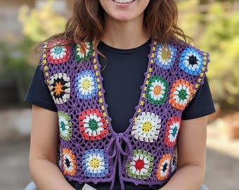 Handmade Crochet Granny Square Vest – Purple 70s Boho Top