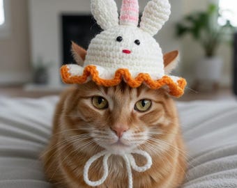 Cat Birthday Hat Bunny Design | Cute Crochet Pet Party Hat | Kitten Birthday Costume | Handmade Cat Photo Prop