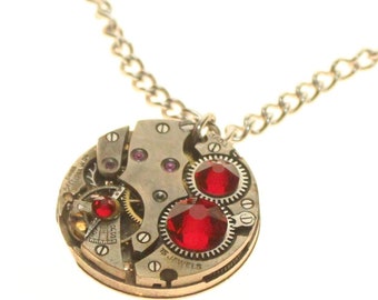 Steampunk Necklace Clockwork With Beautiful Blood Red Swarovski Crystal
