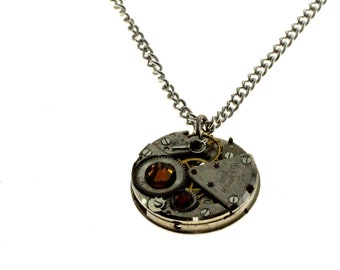 Steampunk Necklace Clockwork With Beautiful Brown Swarovski Crystals
