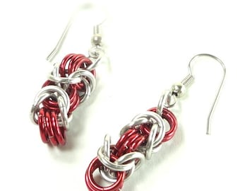 Chainmaille Earrings Byzantine or Birdcage Red And Silver Anodized Aluminum