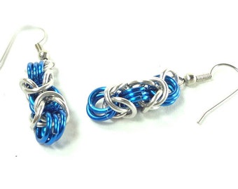 Chainmaille Earrings Byzantine or Birdcage Blue And Silver Anodized Aluminum