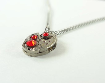 Steampunk Necklace Clockwork Jewelry With Ruby Red Crystals