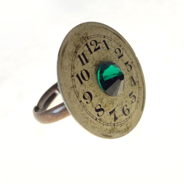 Steampunk Ring Watch Face With Swarovski Forest Green Crystal