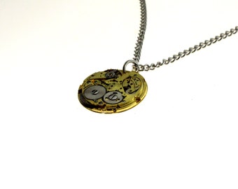Steampunk Necklace Gold Tone Clockwork Pendant
