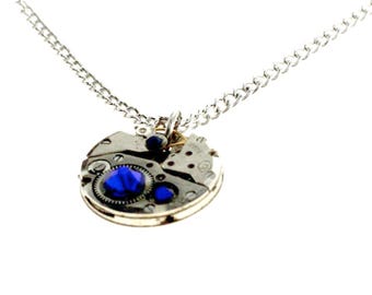 Steampunk Necklace Clockwork With Beautiful Cobalt Blue Swarovski Crystals