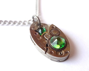Steampunk Necklace Oval Clockwork Jewelry & Emerals Green Crystals