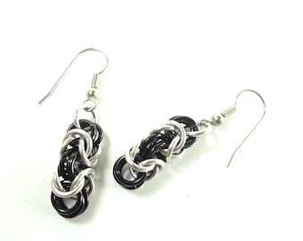 Chainmaille Earrings Byzantine or Birdcage Black And Silver Anodized Aluminum