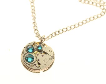 Steampunk Necklace Clockwork With Beautiful Teal Swarovski Crystals