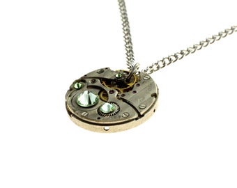 Steampunk Necklace Clockwork With Beautiful Pale Green Swarovski Crystals