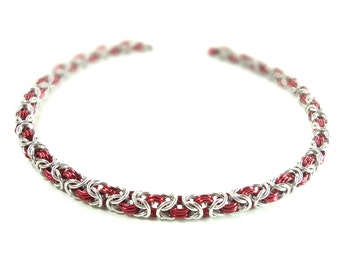 Red And Silver Byzantine Weave Chainmaille Necklace Handcrafted