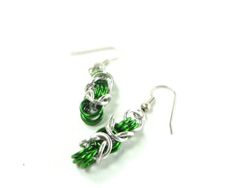 Chainmaille Earrings Byzantine or Birdcage Green And Silver Anodized Aluminum
